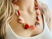 Load image into Gallery viewer, Natural Striped carnelian Beaded 1 strand Statement Necklace, Chunky Bib Single Light orange stone jewelry, gemstone layering red cream gold