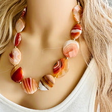 Load image into Gallery viewer, Natural Striped carnelian Beaded 1 strand Statement Necklace, Chunky Bib Single Light orange stone jewelry, gemstone layering red cream gold