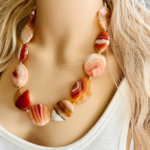 Natural Striped carnelian Beaded 1 strand Statement Necklace, Chunky Bib Single Light orange stone jewelry, gemstone layering red cream gold