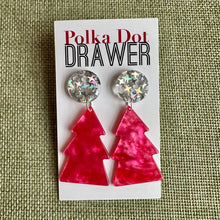 Load image into Gallery viewer, Christmas Drop Earrings, Hot Pink Christmas Tree, Small Holiday Earrings, Holiday Gifts for Her or Christmas Party dangle mosaic silver