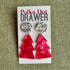 Christmas Drop Earrings, Hot Pink Christmas Tree, Small Holiday Earrings, Holiday Gifts for Her or Christmas Party dangle mosaic silver