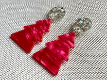 Load image into Gallery viewer, Christmas Drop Earrings, Hot Pink Christmas Tree, Small Holiday Earrings, Holiday Gifts for Her or Christmas Party dangle mosaic silver