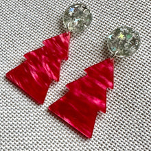 Load image into Gallery viewer, Christmas Drop Earrings, Hot Pink Christmas Tree, Small Holiday Earrings, Holiday Gifts for Her or Christmas Party dangle mosaic silver