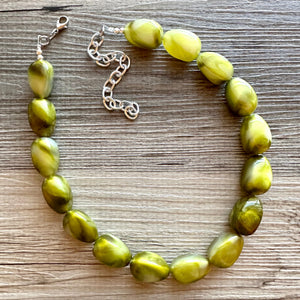 Pistachio Green Shimmer Single Strand Beaded Statement Necklace, beaded bridesmaid jewelry set layering glitter resin earrings cream