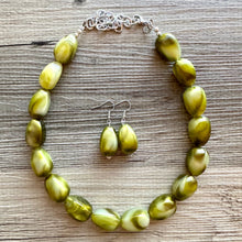 Load image into Gallery viewer, Pistachio Green Shimmer Single Strand Beaded Statement Necklace, beaded bridesmaid jewelry set layering glitter resin earrings cream