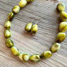 Load image into Gallery viewer, Pistachio Green Shimmer Single Strand Beaded Statement Necklace, beaded bridesmaid jewelry set layering glitter resin earrings cream