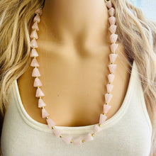 Load image into Gallery viewer, Vintage Long Rose Quartz Necklace, single Strand Statement Jewelry, gold necklace, layering bridesmaid, everyday crystal jewelry geometric