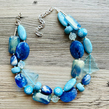 Load image into Gallery viewer, Blue December Beaded Necklace, 2 strand Chunky statement necklace, big beaded necklace jewelry, Aqua sparkle silver statement