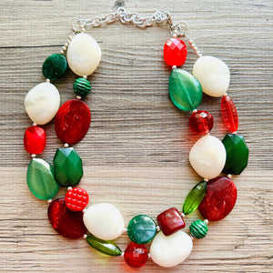 Christmas Necklace, Red Green Holiday Jewelry, Christmas Jewelry, Gold Jewelry, Beaded Gift winter stocking stuffer dressy dress Present