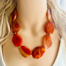 Load image into Gallery viewer, Natural carnelian Beaded 1 strand Statement Necklace, Chunky Bib Single Jewelry Light orange stone jewelry, gemstone layering red cream gold