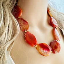 Load image into Gallery viewer, Natural carnelian Beaded 1 strand Statement Necklace, Chunky Bib Single Jewelry Light orange stone jewelry, gemstone layering red cream gold