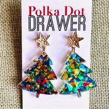 Load image into Gallery viewer, Christmas Drop Earrings, Green Christmas Tree, Small Holiday Earrings, Holiday Gifts for Her or Christmas Party, dangle confetti earrings