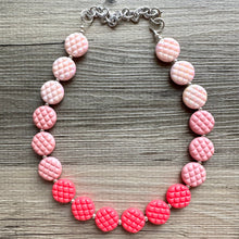Load image into Gallery viewer, Pink Cardigan Ombre Necklace, single strand jewelry, big beaded chunky statement, blush pink earrings bead set dark hot pink quilted