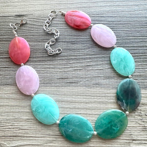Watermelon Pink & Green Chunky Statement Necklace, Big beaded jewelry, single Strand bib chunky Necklace, pink green earrings
