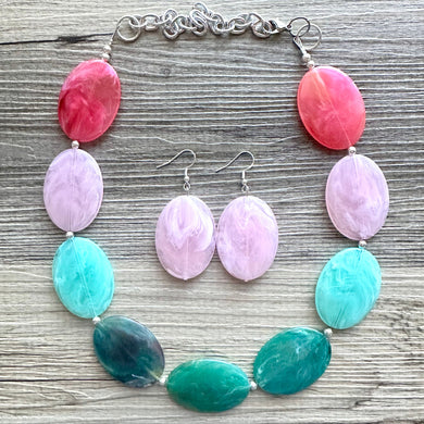 Watermelon Pink & Green Chunky Statement Necklace, Big beaded jewelry, single Strand bib chunky Necklace, pink green earrings