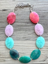 Load image into Gallery viewer, Watermelon Pink &amp; Green Chunky Statement Necklace, Big beaded jewelry, single Strand bib chunky Necklace, pink green earrings