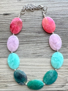 Watermelon Pink & Green Chunky Statement Necklace, Big beaded jewelry, single Strand bib chunky Necklace, pink green earrings