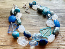 Load image into Gallery viewer, Blue Holiday Wonderland Chunky Statement Necklace, Big beaded jewelry, Double Strand Statement Necklace, Bib necklace, blue Christmas winter