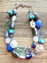Load image into Gallery viewer, Blue Holiday Wonderland Chunky Statement Necklace, Big beaded jewelry, Double Strand Statement Necklace, Bib necklace, blue Christmas winter