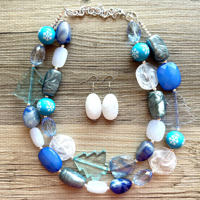 Blue Holiday Wonderland Chunky Statement Necklace, Big beaded jewelry, Double Strand Statement Necklace, Bib necklace, blue Christmas winter