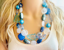 Load image into Gallery viewer, Blue Holiday Wonderland Chunky Statement Necklace, Big beaded jewelry, Double Strand Statement Necklace, Bib necklace, blue Christmas winter