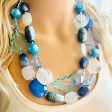 Load image into Gallery viewer, Blue Holiday Wonderland Chunky Statement Necklace, Big beaded jewelry, Double Strand Statement Necklace, Bib necklace, blue Christmas winter