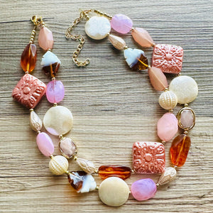 Golden Pink Hour Statement Necklace, chunky bib beaded jewelry, colorful jewelry, hot pink white cream flower, beaded jewelry rose