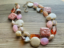 Load image into Gallery viewer, Golden Pink Hour Statement Necklace, chunky bib beaded jewelry, colorful jewelry, hot pink white cream flower, beaded jewelry rose