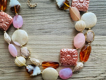 Load image into Gallery viewer, Golden Pink Hour Statement Necklace, chunky bib beaded jewelry, colorful jewelry, hot pink white cream flower, beaded jewelry rose