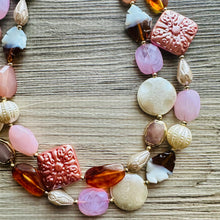 Load image into Gallery viewer, Golden Pink Hour Statement Necklace, chunky bib beaded jewelry, colorful jewelry, hot pink white cream flower, beaded jewelry rose