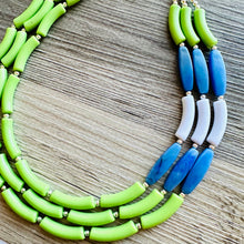 Load image into Gallery viewer, Blue and Lime Green 3 strand Necklace, skinny color block statement beaded washington jewelry, green white blue, neutral Oceanside