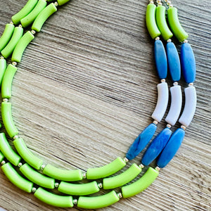 Blue and Lime Green 3 strand Necklace, skinny color block statement beaded washington jewelry, green white blue, neutral Oceanside