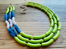 Load image into Gallery viewer, Blue and Lime Green 3 strand Necklace, skinny color block statement beaded washington jewelry, green white blue, neutral Oceanside