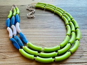 Blue and Lime Green 3 strand Necklace, skinny color block statement beaded washington jewelry, green white blue, neutral Oceanside