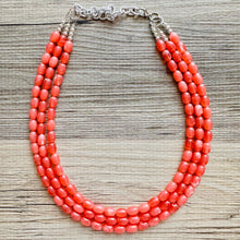 Load image into Gallery viewer, Chunky Multi Strand Grapefruit Statement Necklace, pink coral orange beaded jewelry, jelly necklace, coral jewelry, peach bridesmaid, dressy