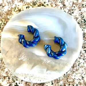 Navy Blue Statement Drops, resin Rainbow Geometric Drop Hoop earrings set, fall jewelry, twisted acrylic hoops bridesmaid