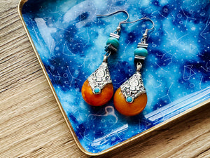 Vintage Dark Orange Drop earrings, silver geometric earrings pierced dangle drop Statement, bridesmaid wedding gift marigold turquoise