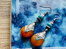 Load image into Gallery viewer, Vintage Dark Orange Drop earrings, silver geometric earrings pierced dangle drop Statement, bridesmaid wedding gift marigold turquoise