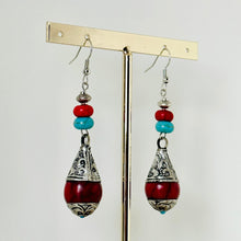 Load image into Gallery viewer, Vintage Dark Red Drop earrings, silver geometric earrings pierced dangle drop Statement, bridesmaid earrings wedding gift turquoise