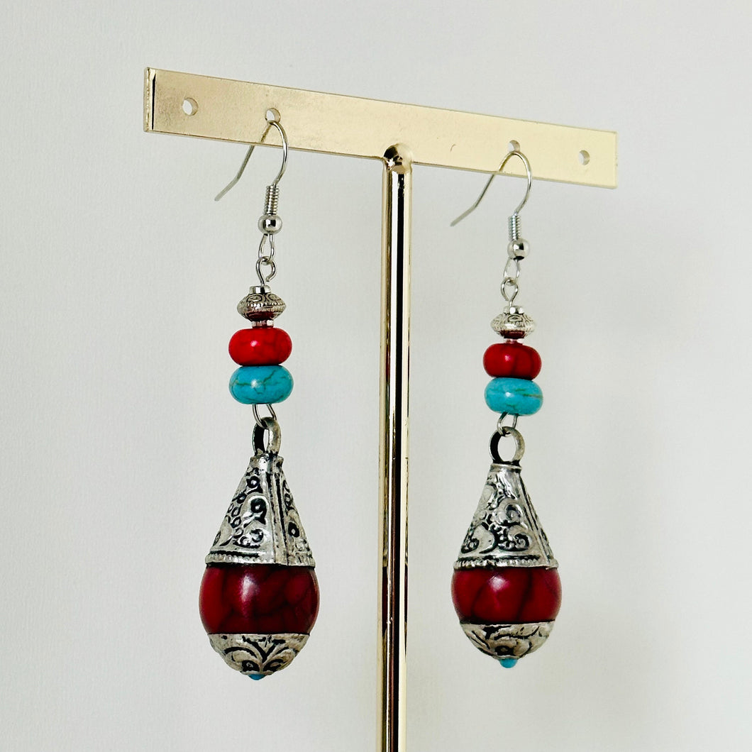 Vintage Dark Red Drop earrings, silver geometric earrings pierced dangle drop Statement, bridesmaid earrings wedding gift turquoise