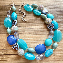 Load image into Gallery viewer, Vacation Blues Beach Necklace, multi strand bright blue jewelry, big beaded chunky necklace, silver royal blue dark statement animal print