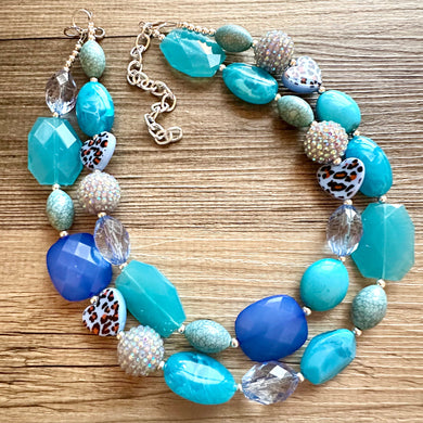 Vacation Blues Beach Necklace, multi strand bright blue jewelry, big beaded chunky necklace, silver royal blue dark statement animal print
