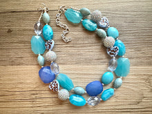 Load image into Gallery viewer, Vacation Blues Beach Necklace, multi strand bright blue jewelry, big beaded chunky necklace, silver royal blue dark statement animal print