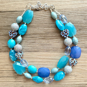 Vacation Blues Beach Necklace, multi strand bright blue jewelry, big beaded chunky necklace, silver royal blue dark statement animal print