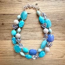 Load image into Gallery viewer, Vacation Blues Beach Necklace, multi strand bright blue jewelry, big beaded chunky necklace, silver royal blue dark statement animal print