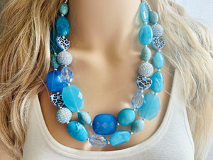 Vacation Blues Beach Necklace, multi strand bright blue jewelry, big beaded chunky necklace, silver royal blue dark statement animal print
