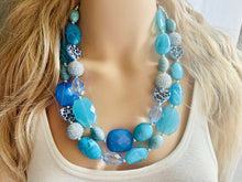 Load image into Gallery viewer, Vacation Blues Beach Necklace, multi strand bright blue jewelry, big beaded chunky necklace, silver royal blue dark statement animal print
