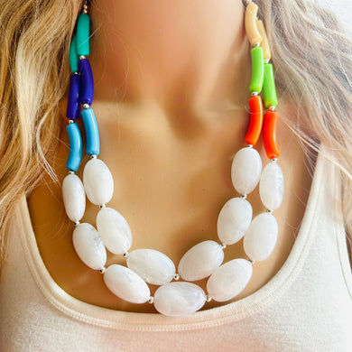 Pink & Green Chunky Statement Necklace, Big beaded jewelry, Double Strand Statement Necklace, bib white necklace, pink green jewelry