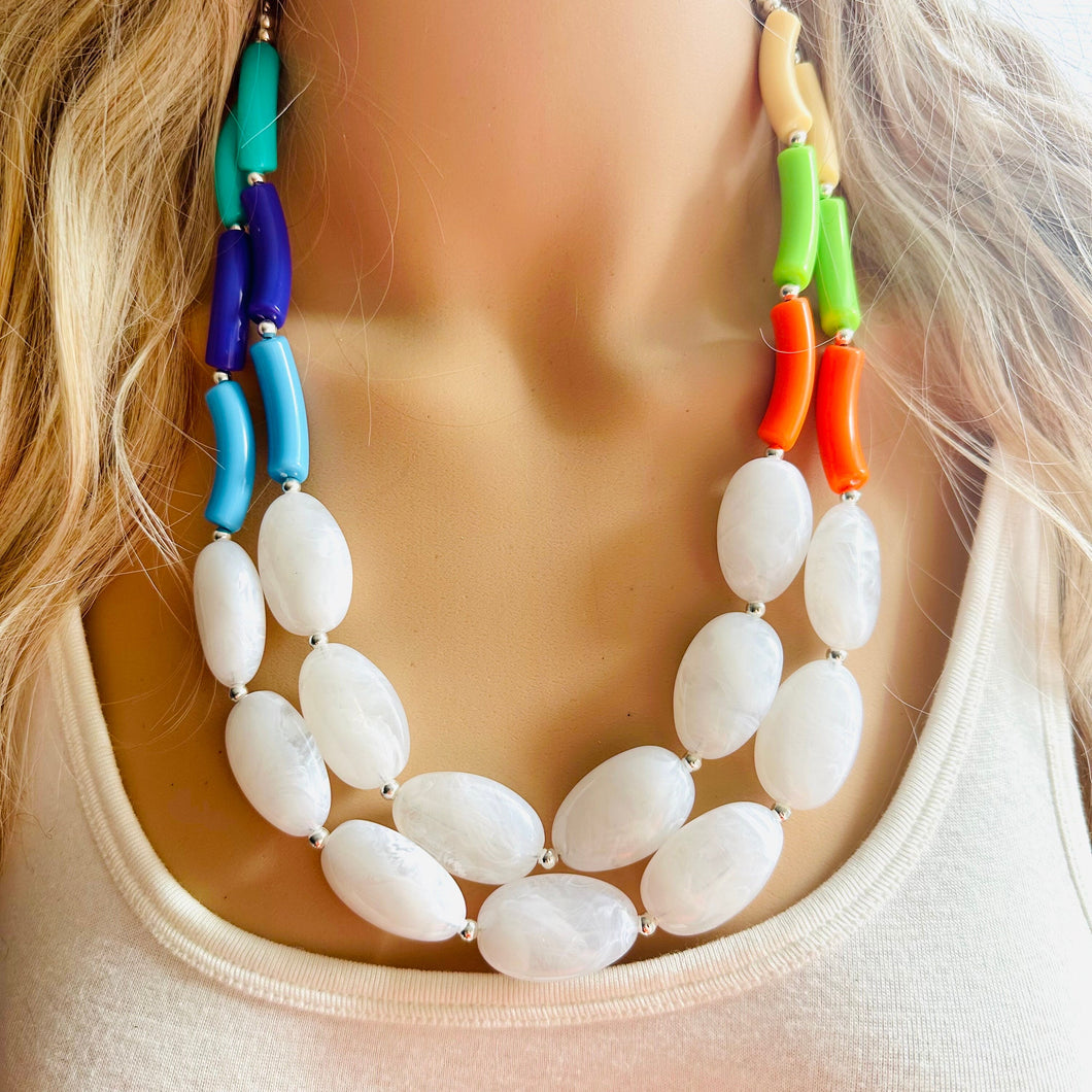 Pink & Green Chunky Statement Necklace, Big beaded jewelry, Double Strand Statement Necklace, bib white necklace, pink green jewelry