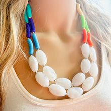 Load image into Gallery viewer, Pink &amp; Green Chunky Statement Necklace, Big beaded jewelry, Double Strand Statement Necklace, bib white necklace, pink green jewelry